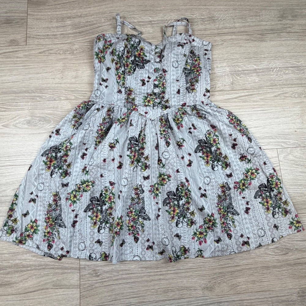 Hell Bunny Elaine Fit‎ & Flare Dress Skeleton Flowers Butterflies Sz L Gothcore